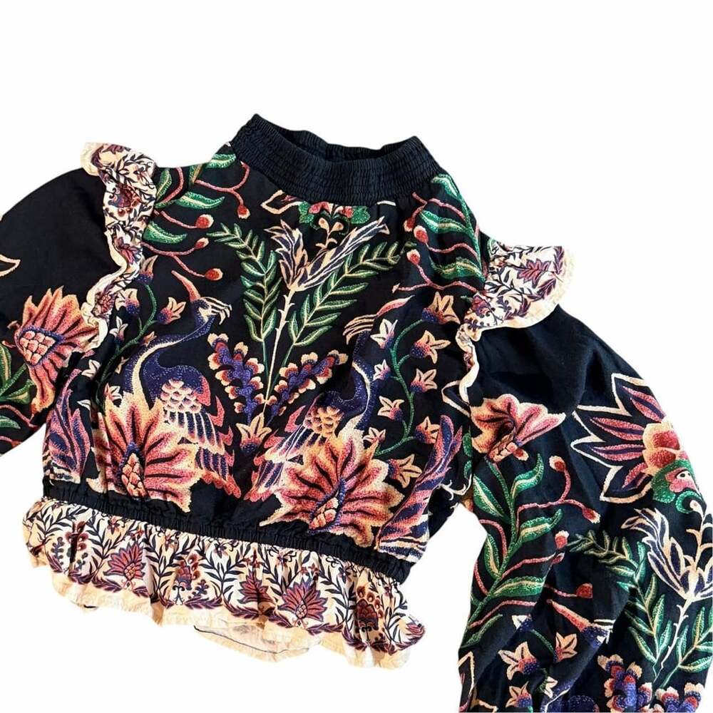 FARM Rio Peacock Floral Ruffle Crop Blouse